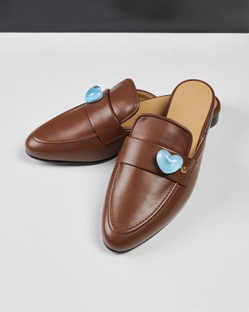 Flat Brown Leather Heart Light Blue