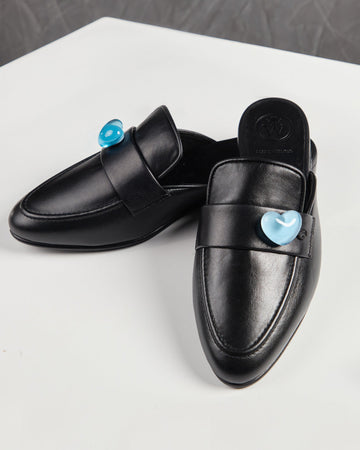 Flat Black Leather Light Blue Heart