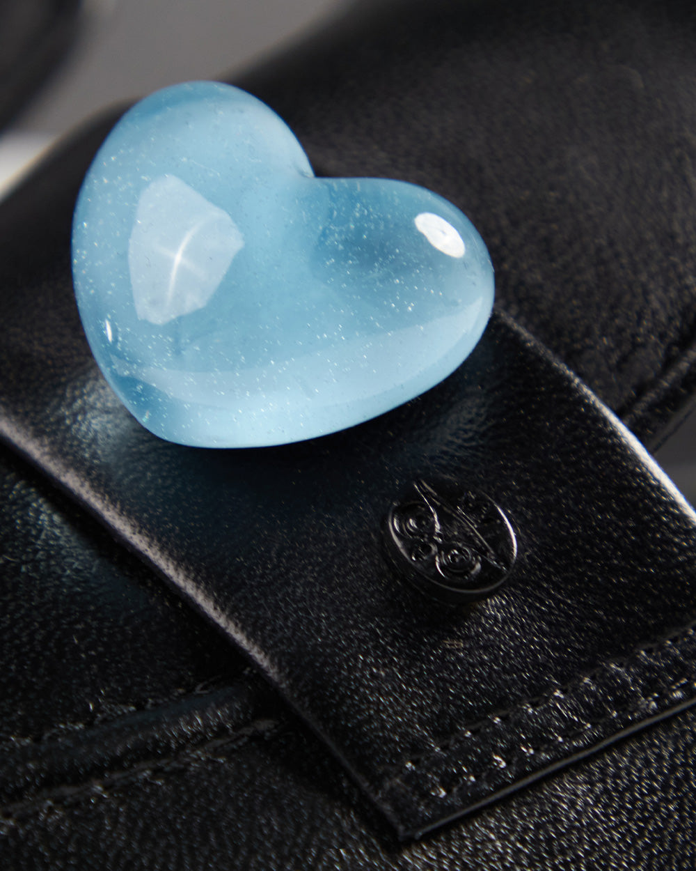 Flat Black Leather Light Blue Heart