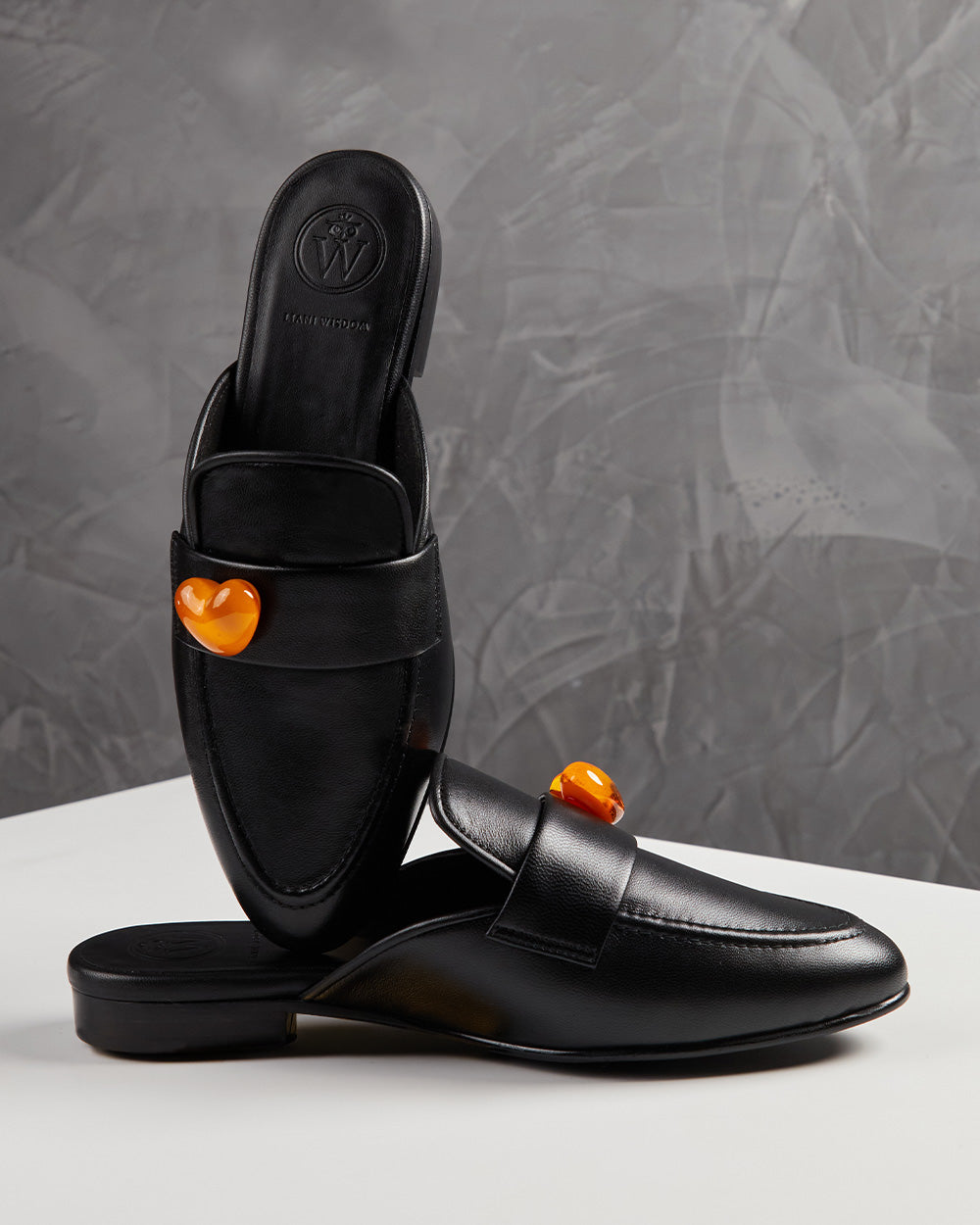 Flat Black Leather Orange Heart