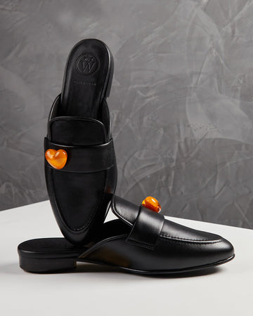 Flat Black Leather Orange Heart