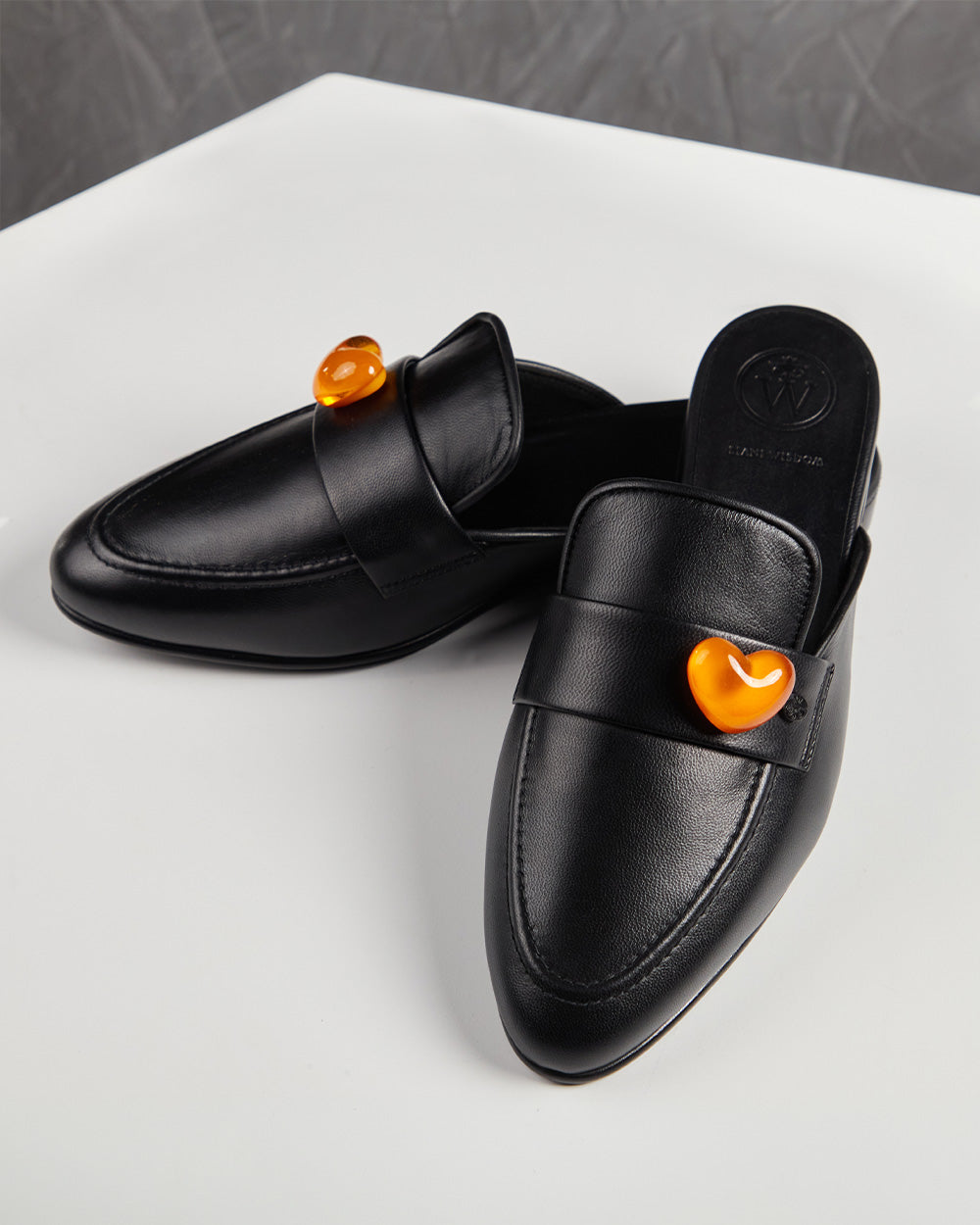 Flat Black Leather Orange Heart