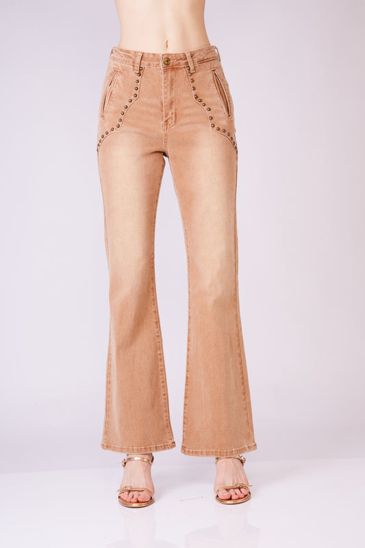 Camel brass studded flare denim pants