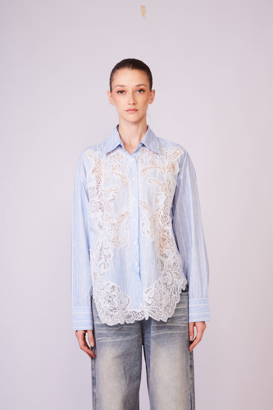 Blue striped lace embroidered long