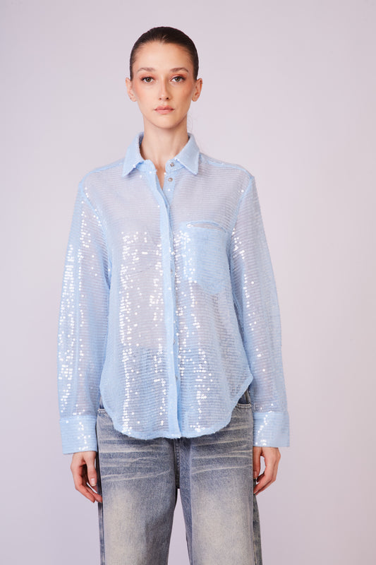 Sequin long sleeve sky blue shirt