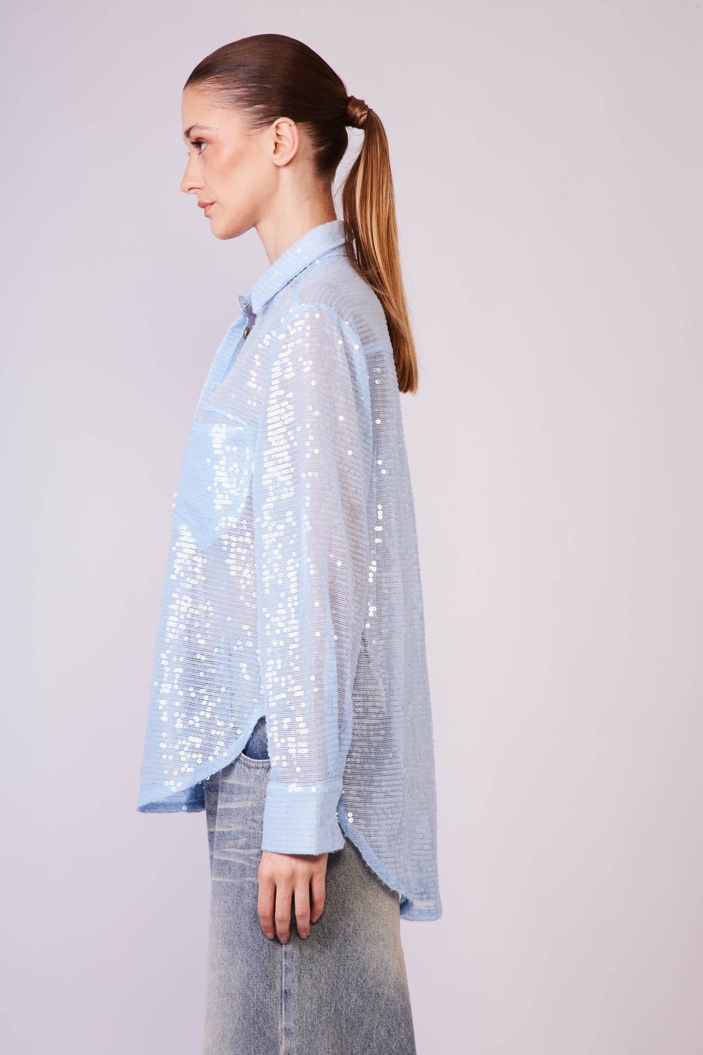 Sequin long sleeve sky blue shirt