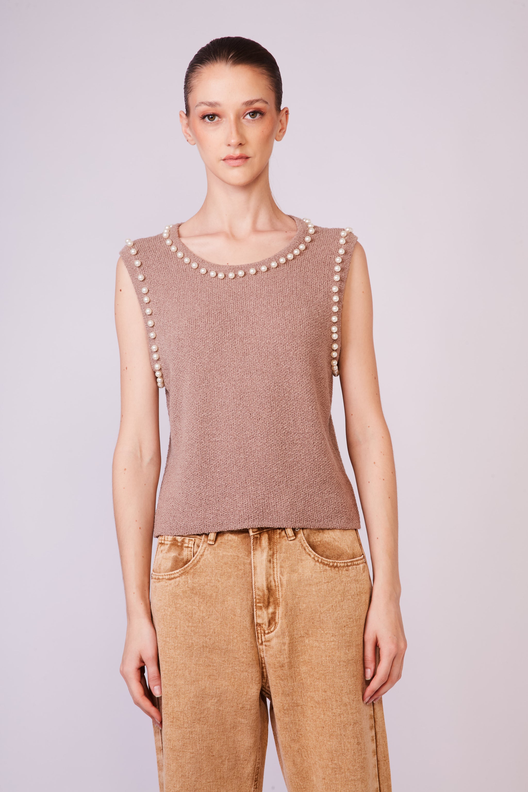 Pearl detail knit tank top