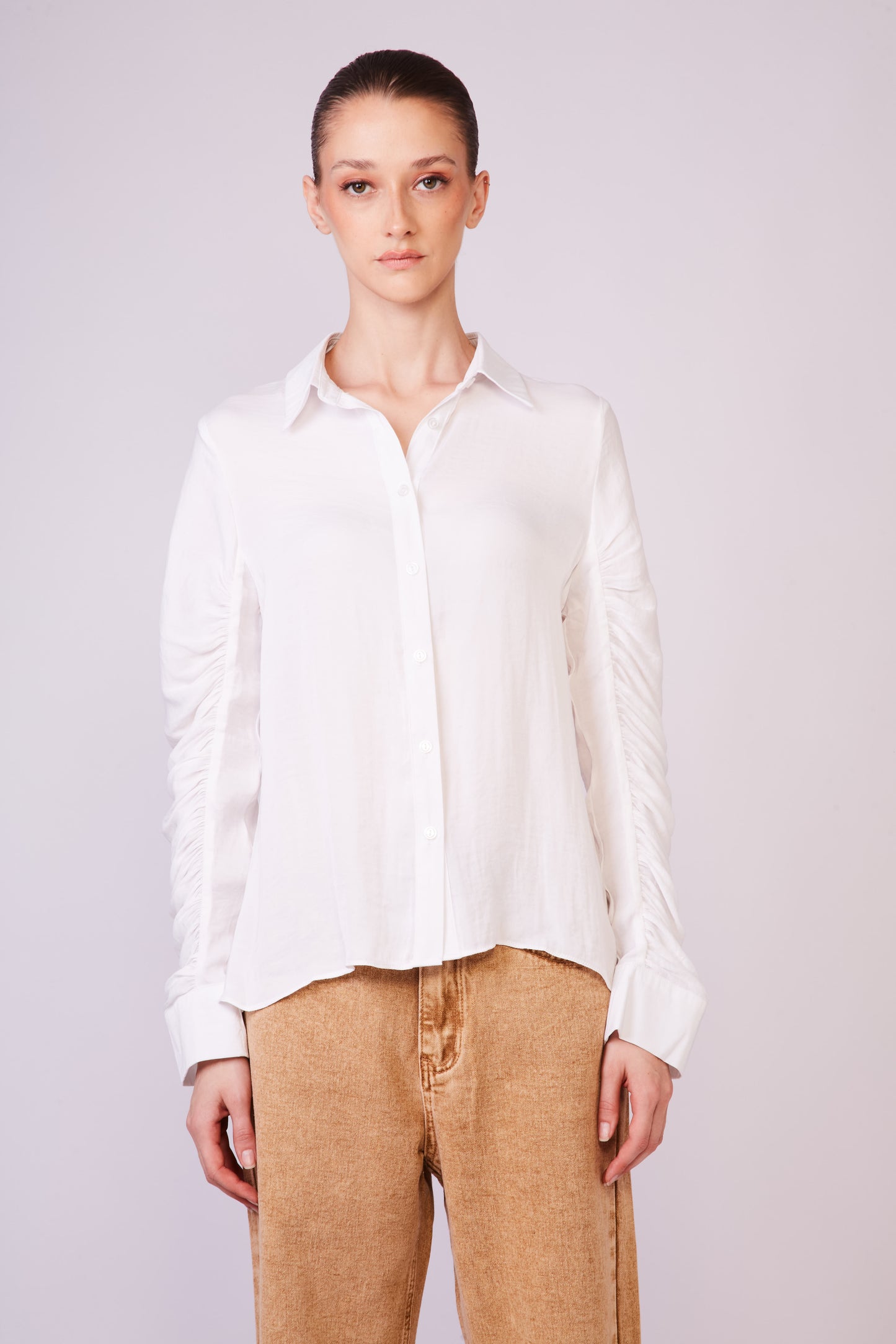 Ruched long sleeve white shirt