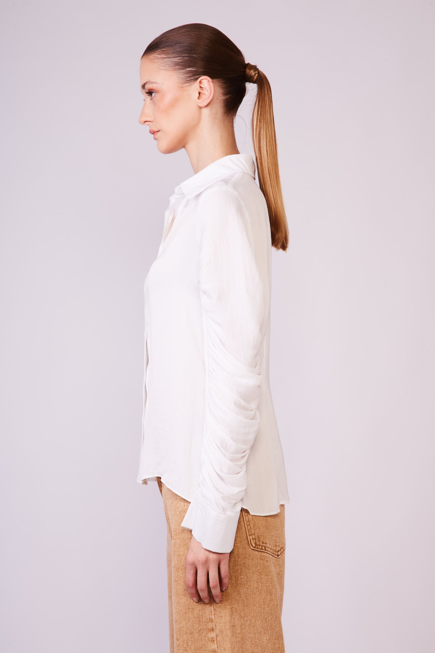 Ruched long sleeve white shirt