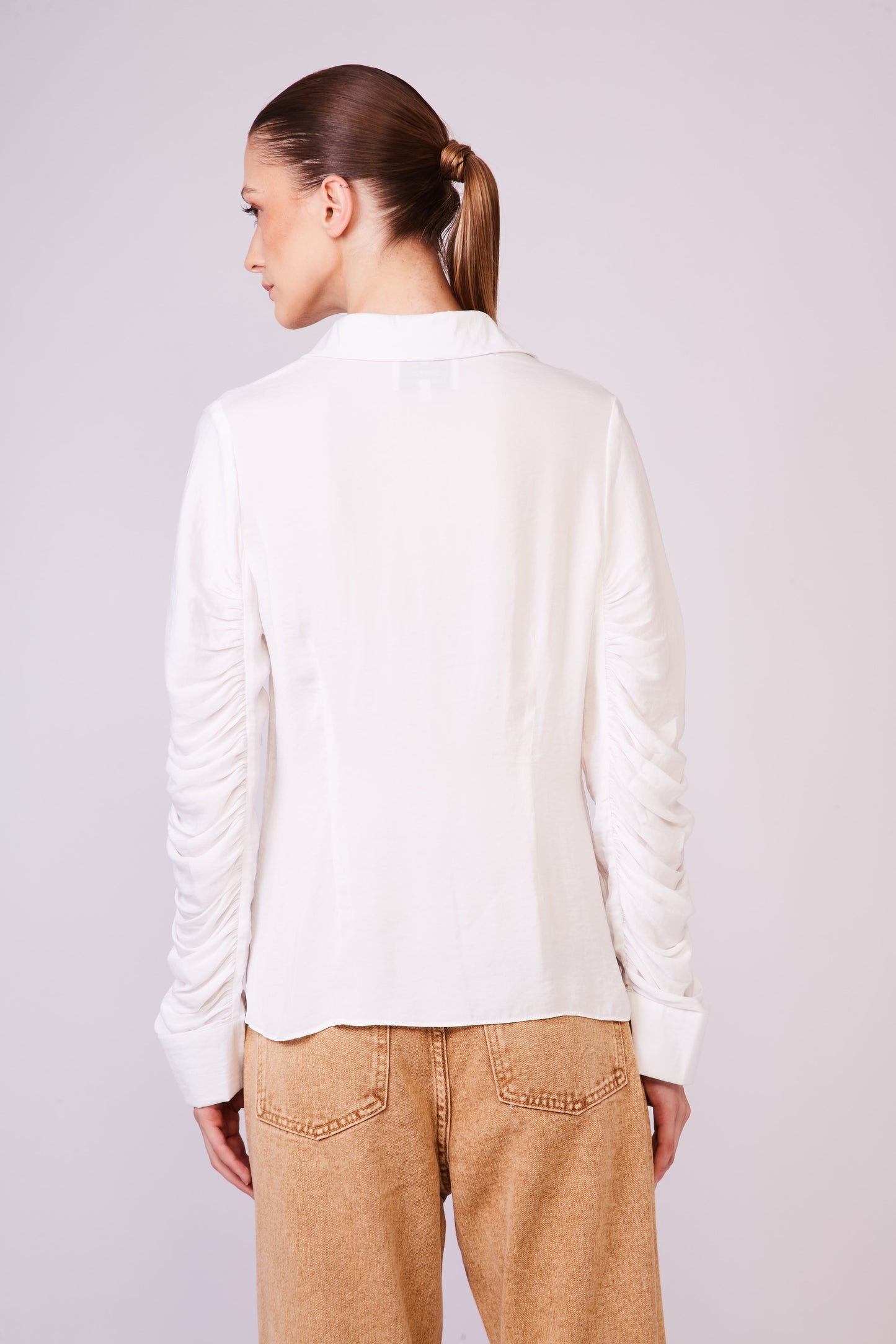 Ruched long sleeve white shirt