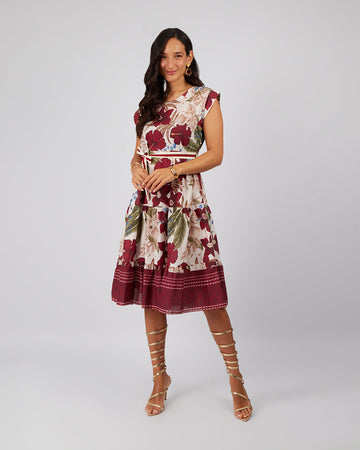 Cream Midi Dress Burgundy Flowers