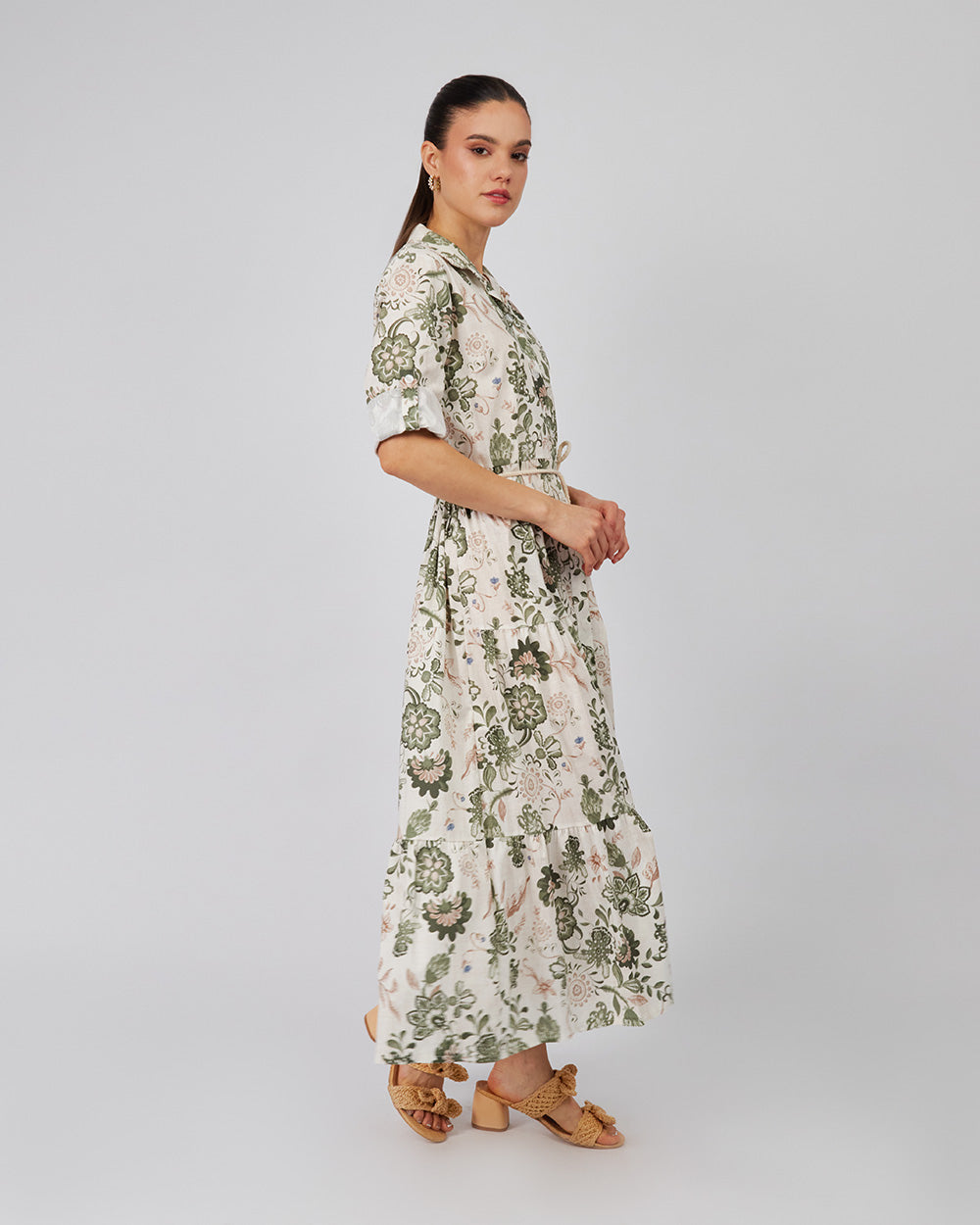 Cream Shirt Dress With Blue Floral Print