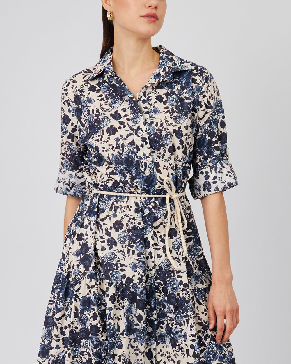 Cream Shirt Dress With Green Floral Print