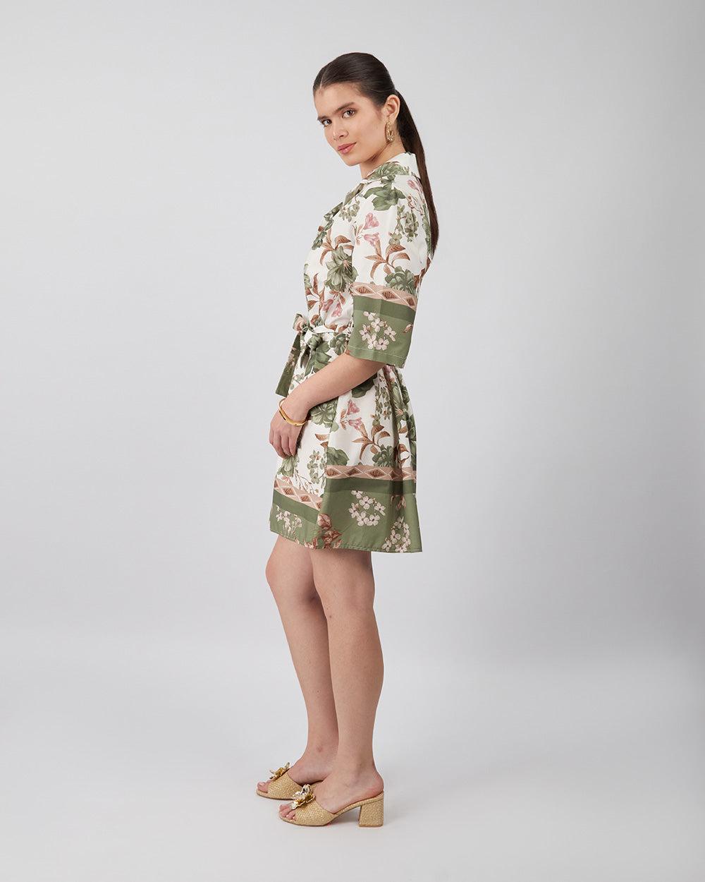 Midi Shirt Dres Green Floral Linens