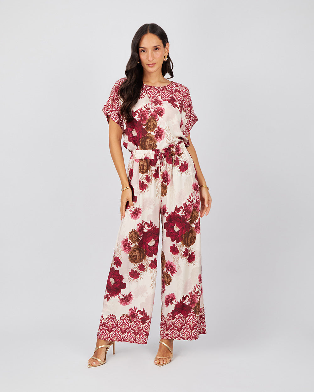 Cream Trousers Burgundy Flowers