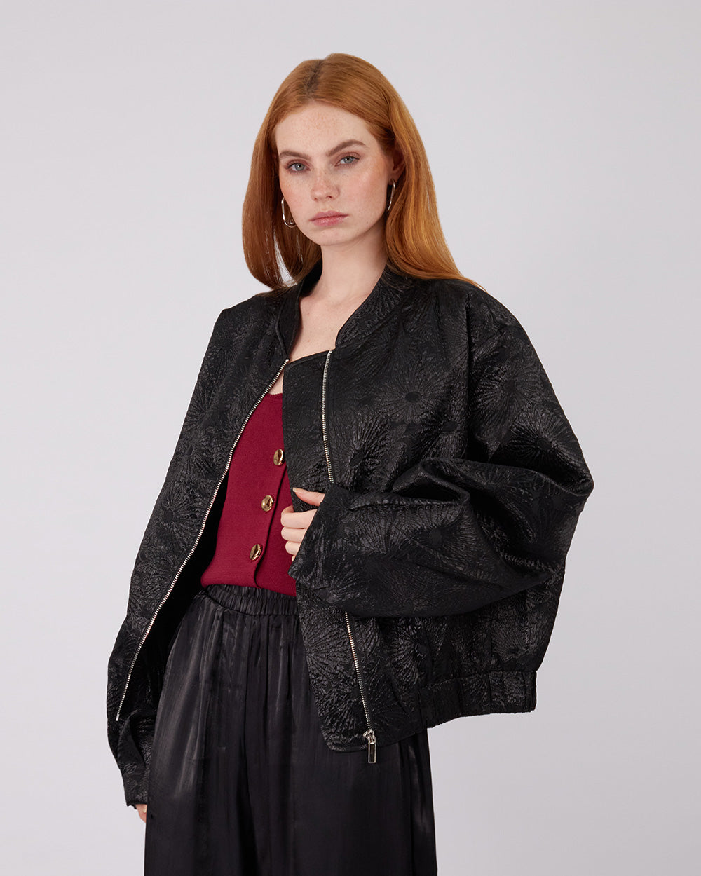 Black Bomber Jacket Floral Design