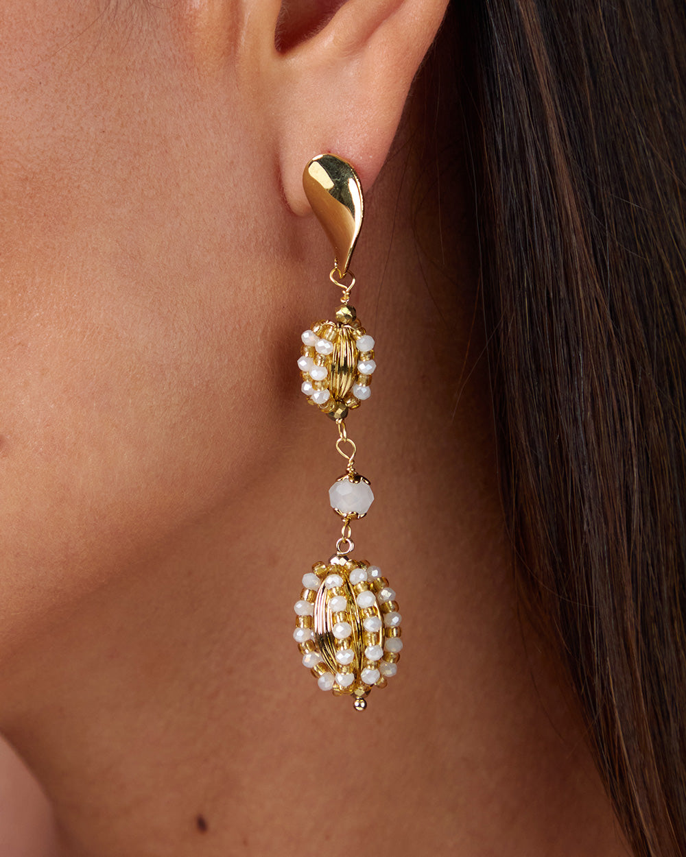 Gold Earrings Spheres And White Stones